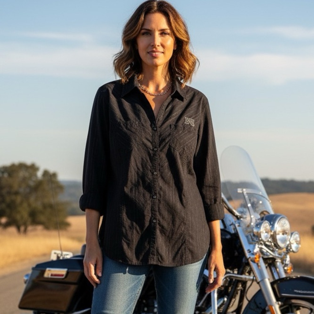 Harley-Davidson Women’s 2W Black Pinstripe Button-Up Shirt –‎ Embroidered Logo
